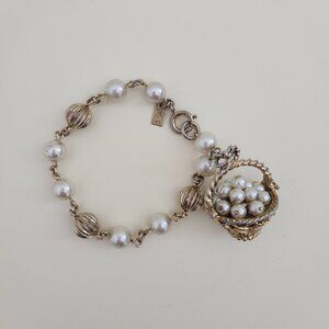 Vintage Bracelet Charm Faux Pearls Cluster Woven Basket Dangle Gold Tone Evening
